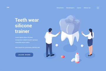 Silicone pad against tooth wear. Dentists install dental pad exerciser. Elimination of abrasion tooth enamel and damage to gums. Improving bite with modern materials. Vector landing page isometry