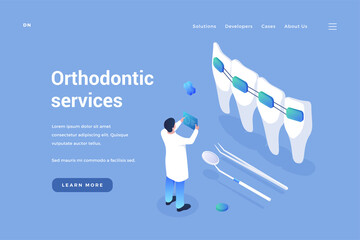Dental orthodontics service. Dentist reviews quality of braces and improvement in bite. Professional dental therapy prophylaxis with modern materials. Vector landing page isometric template