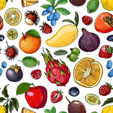 Seampless Pattern Vector Vegetable Fruit Food.