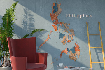 A beautiful three-dimensional wooden map of the Philippine Islands on the wall.
