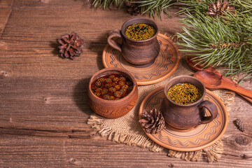 Pine needle tea, sollip-cha, traditional Korean beverage with pine cone jam