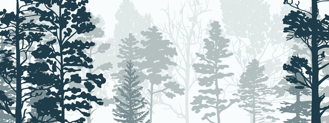 Horizontal banner of forest background, silhouettes of trees. Magical misty landscape, fog. Blue and gray illustration. Bookmark. 