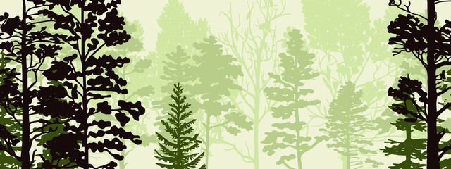 Fototapeta premium Horizontal banner of forest background, silhouettes of trees. Magical misty landscape, fog. Black and green illustration. Bookmark. 