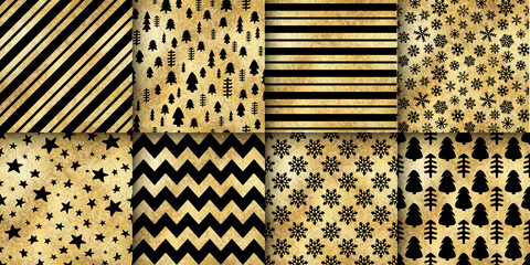 Vector Christmas Gold Seamless Pattern Set. Winter golden foil repeat texture with stripes, zigzag, hand drawn snowflakes, stars, Christmas trees. Shiny Holiday metal print for background, wrapping