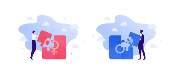 Sex education and gender study concept. Vector flat people illustration set. Male and female hold and connect puzzle piece on sky background isolated on white. Design for education