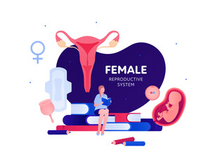 Sex education reproductive system biology class concept. Vector flat illustration. Banner template. Student sitting with book. Pregnancy, contraception, menstruation symbol. Design for education.