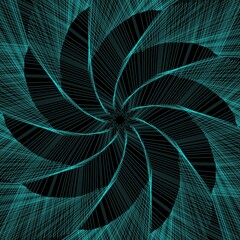 Vector colored spiral. Distorted abstract lines, wireframe tunnel. Spiral propeller. Radial sound wave. Geometric pattern. Swirl lines and waves banner. Geometric line art. Vector illustration.