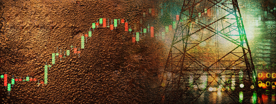 market stock graph and information with city light and electricity and energy facility industry on metal wall business banner background