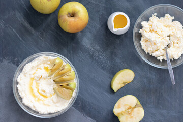 cottage cheese poured with yellow syrup with fresh apples