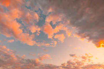 Wide angle view of sunset sunrise sky. Colorful sunset twilight sky,  bright sun. Nature sky backgrounds. Idyllic relaxing tranquil freedom concept, looking up, positive energy happiness inspirational