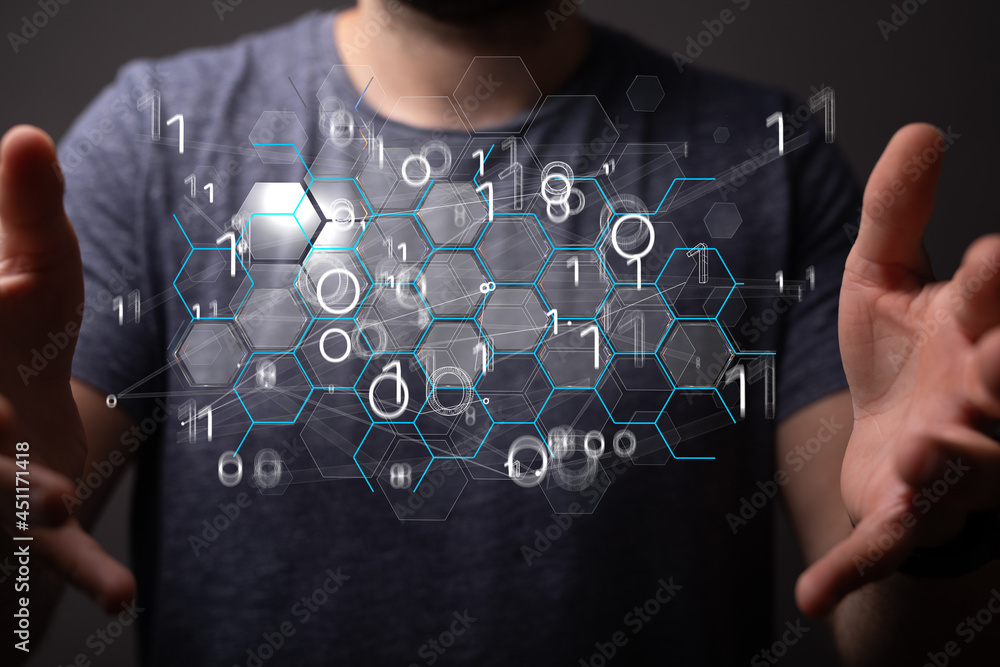 Poster Molecular background with DNA. Network with connecting dots and lines.