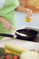 An attractive young dark-haired woman frying meal at worm pan by new keto recipe while standing and smiling in sunny kitchen. Cooking and householding concepts