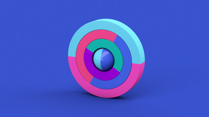 Colorful circle shapes and ball. Blue background. Abstract illustration, 3d render.