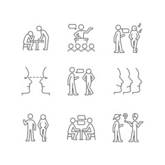Communication process linear icons set. Physical behavior. Public speech. Eye contact. Nonverbal signal. Customizable thin line contour symbols. Isolated vector outline illustrations. Editable stroke