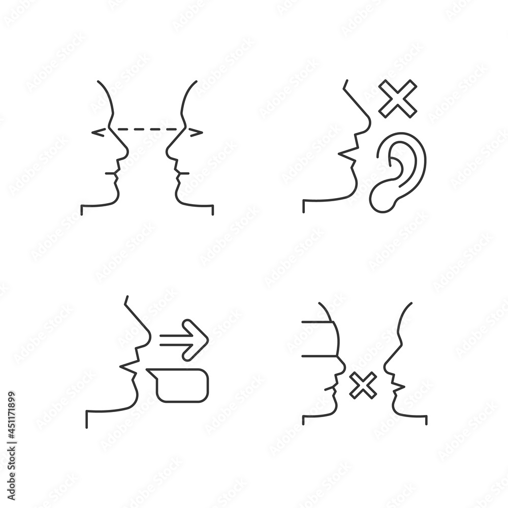 Poster improve everyday communication linear icons set. eye contact. language disabilities. message sender.