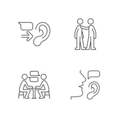 Verbal and nonverbal communication linear icons set. Message receiver. Personal touch. Active listening. Customizable thin line contour symbols. Isolated vector outline illustrations. Editable stroke - obrazy, fototapety, plakaty