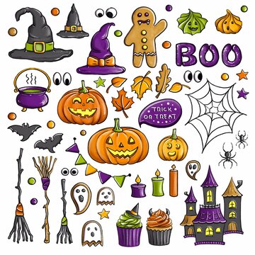 Halloween set with pumpkin, ghost, broom, hat, cauldron, candles, spider, castle, autumn leaves. Holiday hand drawn scary symbols, horror sweets and cupcakes. Trick or treat. 