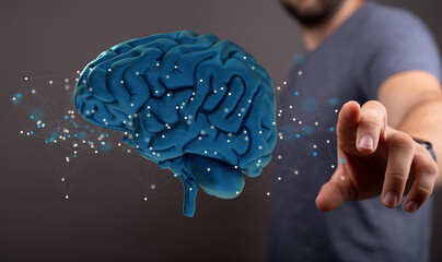 Human brain digital illustration. Electrical activity, flashes and lightning on a blue background.