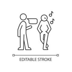 Inattentive listening linear icon. Lacking eye contact. Distracted listener. Making judgments. Thin line customizable illustration. Contour symbol. Vector isolated outline drawing. Editable stroke