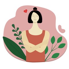 Vector illustration. Cute Asian girl loves and hugs herself.