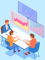 Visualize with business analytics. People work with statistical data analysis, changing indicators. Employees analyze statistical indicators, business data. Characters work with marketing research