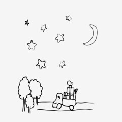 black and white illustration of a truck carrying gifts. Nice idea for a greeting card