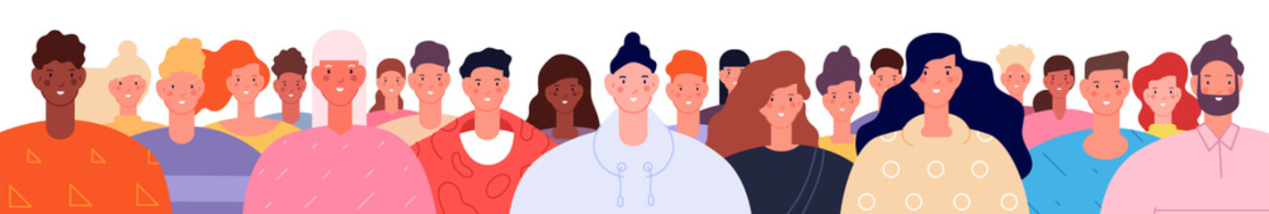 Diverse people crowd. Modern teenagers society, young hipsters and elderly. Adults social group together, happy multiethnic men utter vector scene