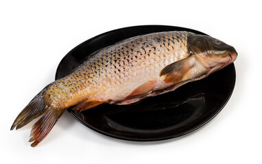 Whole raw carp prepared for cooking on the black dish