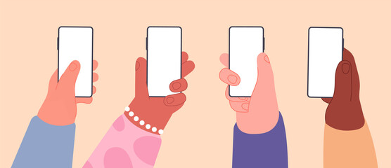 Hands with empty phones. Smartphone with blank screen in human hand. Flat network or social media, mobile device for marketing utter vector banner