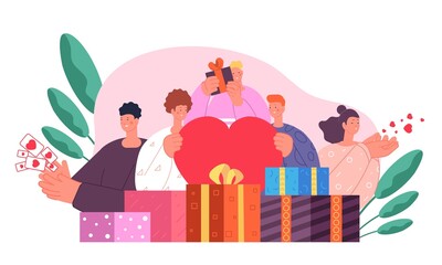 Gift donations. Share gifts and love, people with hearts. Friendship, social community or charity. Christmas, holidays boxes utter vector concept