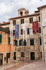 Clothes are dried after washing in the Old Town of Kotor. Montenegro