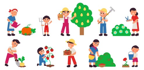 Fototapeta premium People gardening. Cartoon farmers, children adults plant organic vegetables. Autumn harvest, fresh products market decent vector characters