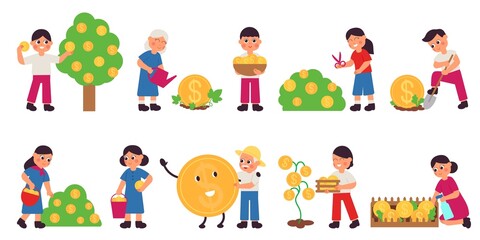 People grow money. Investment businessman, person planting currency. Gold coin harvest, cash tree profit. Success deal decent vector metaphor