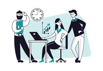 Group brainstorm. Business people work together in office, startup team. Woman and men discuss project, professionals vector characters