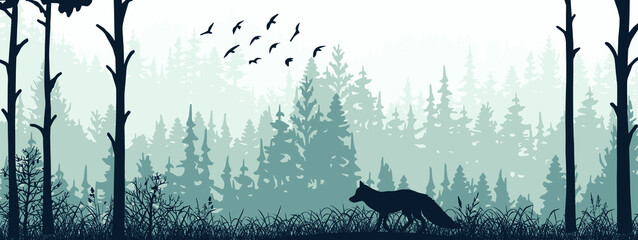 Horizontal banner. Silhouette of fox standing on meadow in forrest. Silhouette of animal, trees, grass. Magical misty landscape, fog. Blue and gray illustration. Bookmark.