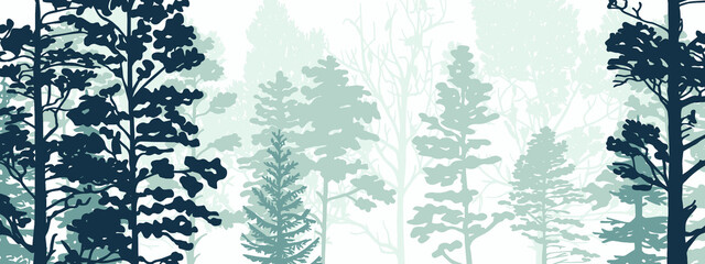 Horizontal banner of forest background, silhouettes of trees. Magical misty landscape, fog. Blue and gray illustration. Bookmark. 