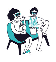 People in home cinema. Happy couple sitting on sofa and watch TV in 3D glasses. Man woman eat popcorn, house relax vector characters