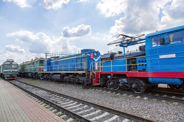 Naklejka premium Rare Soviet retro electric locomotive. Exposition area of RZD railway vehicles at Rizhskaya station. Moscow, Russia