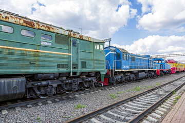Obraz premium Rare Soviet retro electric locomotive. Exposition area of RZD railway vehicles at Rizhskaya station. Moscow, Russia