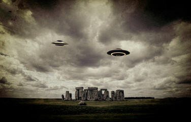 UFO ship over Stonehenge - concept of building a stonehenge by aliens - Contain vintage filter with strong noise artifacts