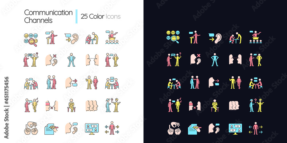 Poster communication channel light and dark theme rgb color icons set. body language. language barriers. ey
