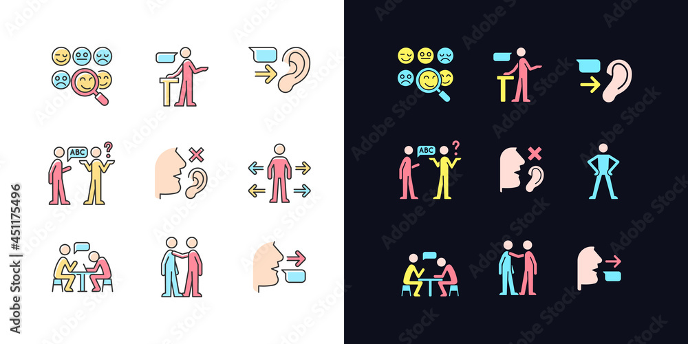 Poster effective communication light and dark theme rgb color icons set. socialization. assertive speaker. 