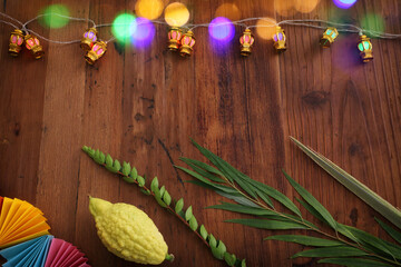 Jewish festival of Sukkot. Traditional symbols (The four species): Etrog (citron), lulav (palm branch), hadas (myrtle), arava (willow)