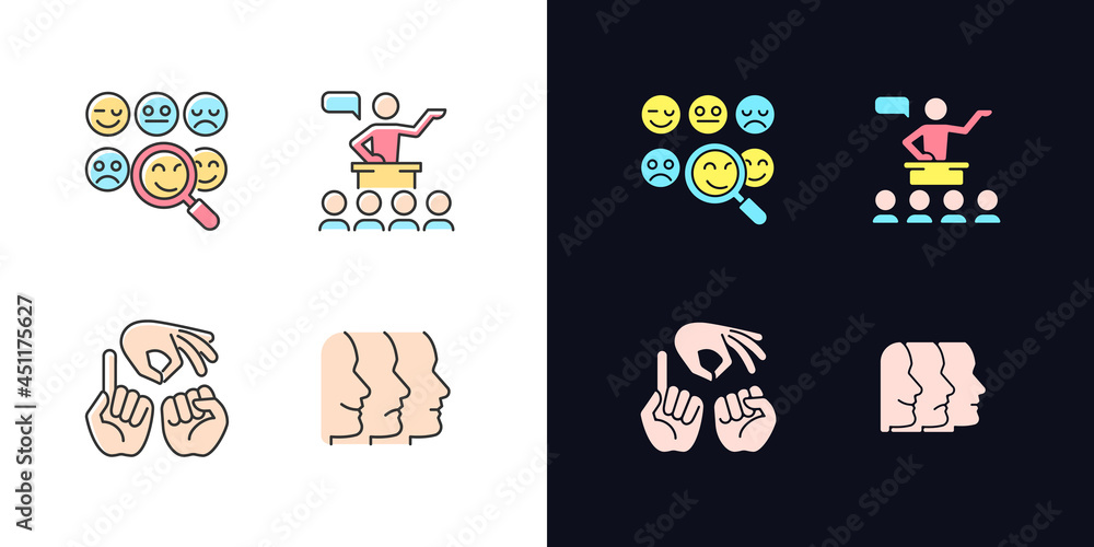 Poster building relationships with people light and dark theme rgb color icons set. reading emotions. hand 