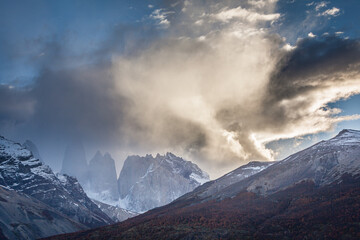 clouds over the jagged peaks of Torres del Paine, Chile