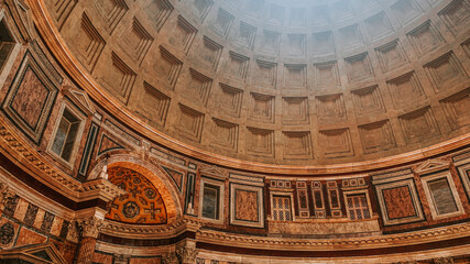 Interior of the Pantheon with geometric pattern of the ceiling and wall details