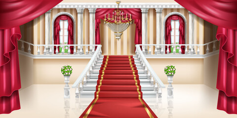 Palace interior vector background, luxury castle room, royal ballroom hall, arch window, red curtain. Marble pillar, classic staircase, balustrade, gold chandelier, carpet. Palace interior banner - obrazy, fototapety, plakaty