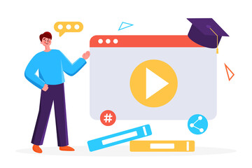 Online learning concept. Young happy man and woman, standing without window with play button. Online education, school, e-learning. Vector illustration on modern flat style.