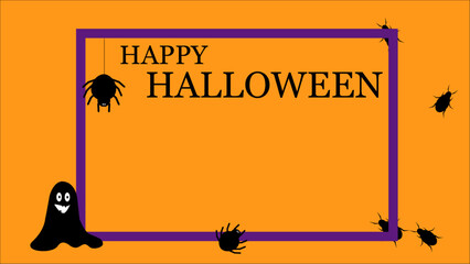 Happy Halloween banner or party invitation with frame and copy space. Vector illustration of ghosts, spiders and cockroaches. Orange background