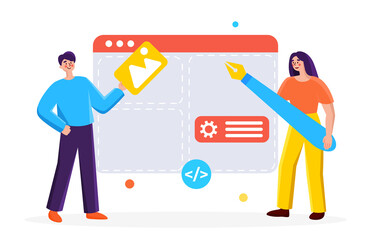 Team of specialists create a web site. Concept of teamwork and web development. Vector modern flat illustration concept.